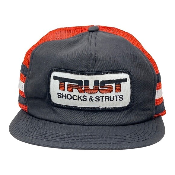 Vtg 3 Stripe Big Patch Snapback Trucker Hat Made in USA Trust Shocks & Struts